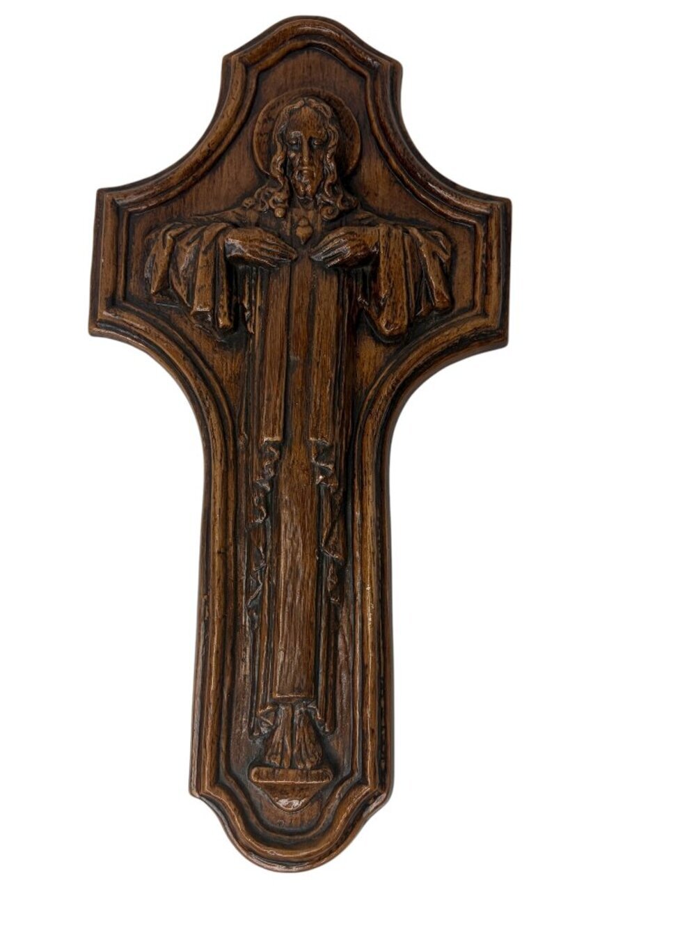 Vintage 1975 Burwood Products Jesus Crucifix Wall Plaque Molded Resin Faux Wood